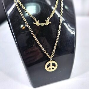 Vintage 90s Gold Tone Layered Necklace Peace Sign Pendant Birds Heart Boho Style